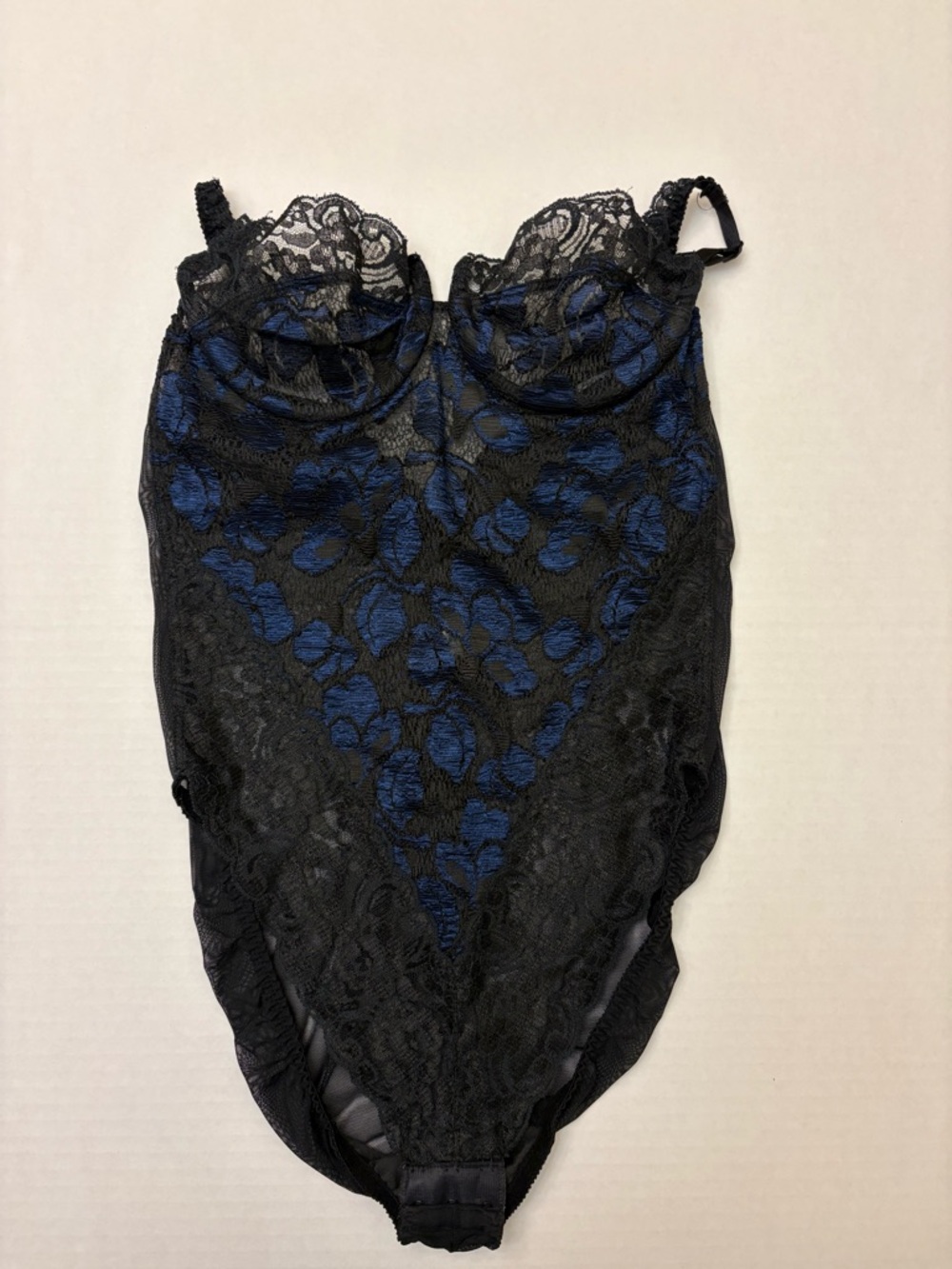 Victoria's Secret Black Blue Lace Floral Stretch Bodysuit Corselette LG 9767